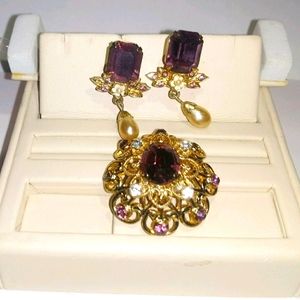 Coro Earrings & Brooch Set Rhinestone Drop Pearl